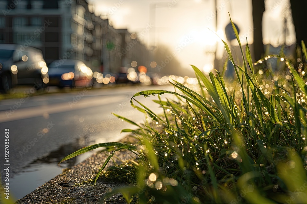 Obraz premium Dew Drops on Grass Blades by City Street at Sunrise.