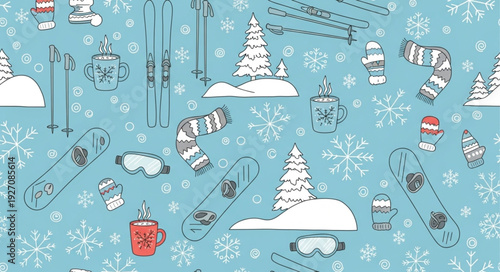 Winter Sports Equipment and Snowy Trees Seamless Pattern.