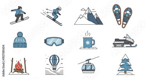 Winter sports and recreation icons set on a white background.