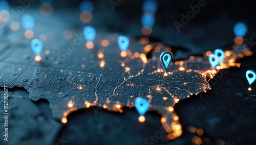 Global Network Connections Across the United States with Digital Map Overlay.