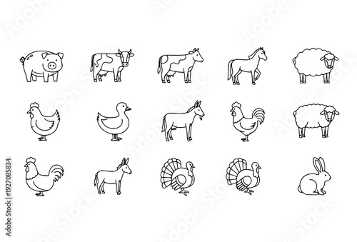 Farm Animals Thin Line Icon Set with Pig Cow Horse Sheep and Chicken Vector