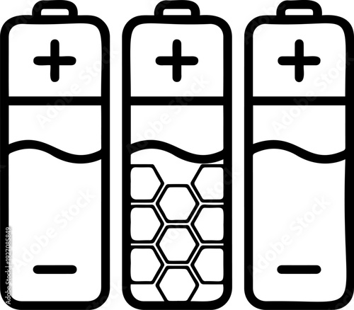 Set of Three Battery Cells with Internal Circuit Board Patterns, Future Energy Technology and Battery Storage Concept, Minimalist Line Art Vector