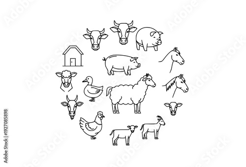 Minimal Farm Livestock Outline Icons Vector Collection Isolated on White