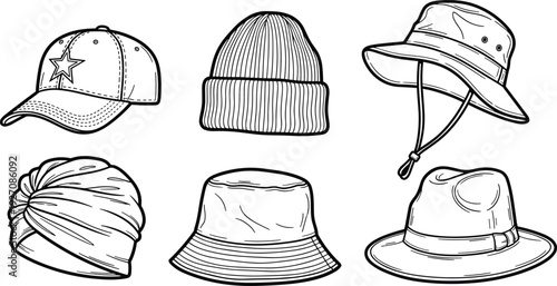 Black and white of various hats headwear caps beanies bucket hats