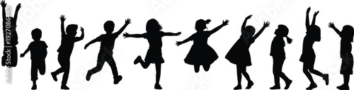Silhouettes of happy children jumping, playing, dancing, running, raising hands, diverse kids having fun, energetic movement, isolated on white background
