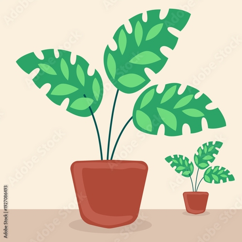Potted plants with large green leaves in brown pots, depicted in a flat illustration style.