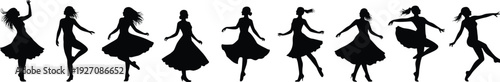 Silhouettes of dancing women, expressive movement, elegant poses, performing art, female dancers, black and white vector illustration, isolated style, modern dance graphic design