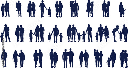 Silhouettes of diverse family groups walking, holding hands, and spending quality time together, showcasing love, connection, and togetherness in different family structures