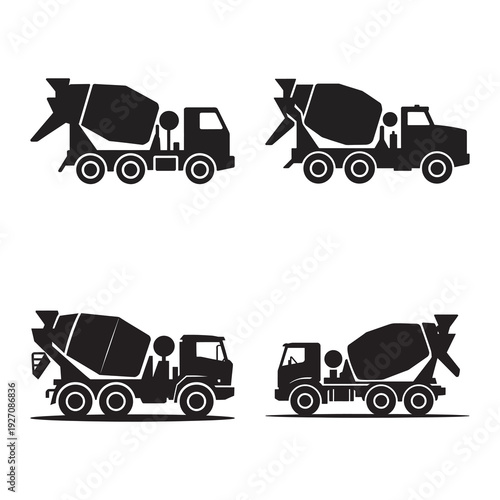 Concrete mixer truck silhouette set for industrial construction project