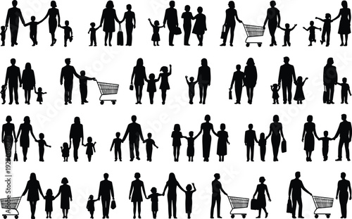 Silhouettes of diverse families walking, shopping, bonding, parenting moments, parent and child together, modern family lifestyle, holding hands, daily life
