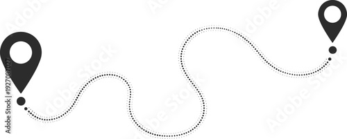 Black map markers with dotted line on white background navigation route