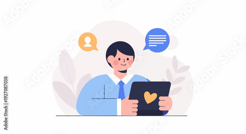 Person with digital tablet communicating with others via digital chat bubbles