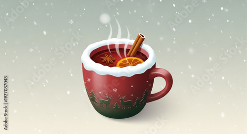 Steaming hot mulled wine in a festive red mug with cinnamon stick and orange slice.