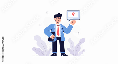 A smiling person in a suit holds a tablet and a speech bubble with a location pin