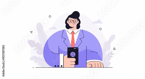 Person in a suit holding a smartphone with a contact icon, against a backdrop of leaves and geometric shapes