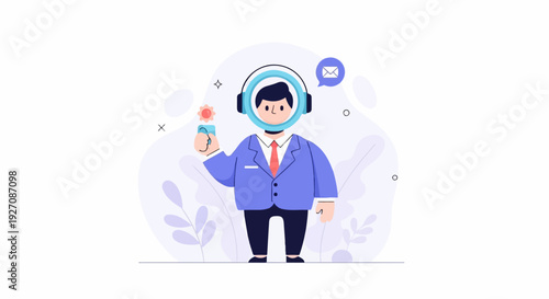A stylized person in a suit with headphones, holding a gear and a mail icon