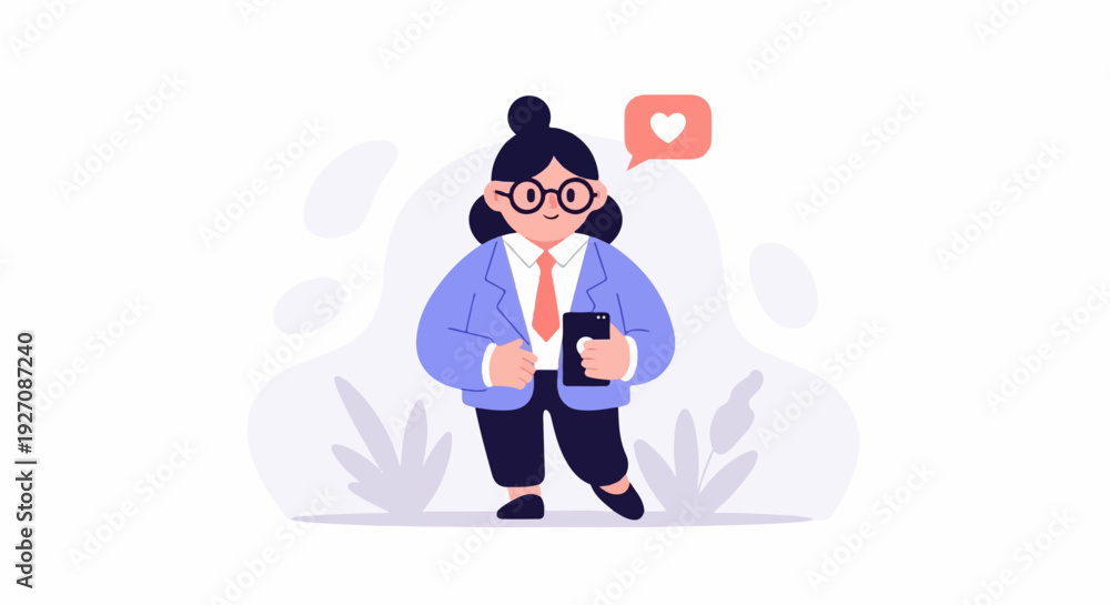 Fototapeta premium Cartoon person in business attire holding a phone with a heart icon indicating social media approval