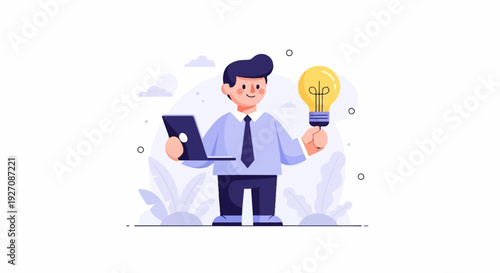 Enthusiastic businessman holds laptop and glowing lightbulb, surrounded by stylized plants and clouds