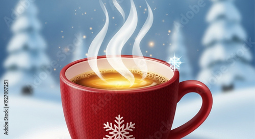 Steaming Hot Beverage in a Festive Red Mug with Snowflake Design.