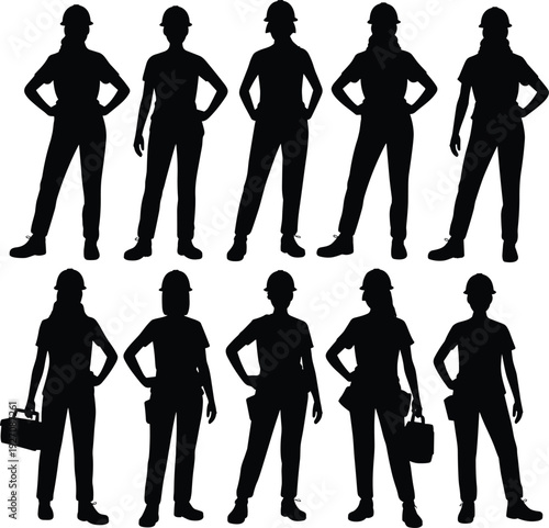 Silhouettes of female construction workers wearing helmets, standing confidently, holding toolbox and tools, industrial labor, women empowerment, construction industry, safety, teamwork, workforce