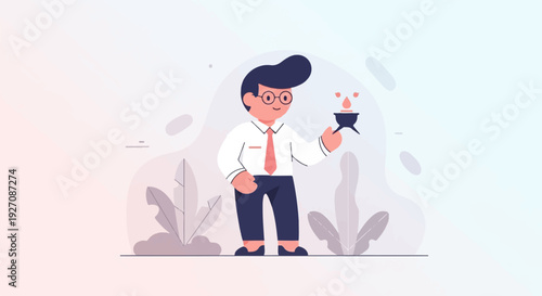 A man in a shirt and tie holds a small pot with liquid