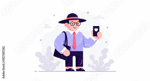 Animated man in hat and tie holds phone with heart, bag at side