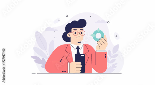 A stylized person in a coral jacket and tie holds a smartphone and a geometric object