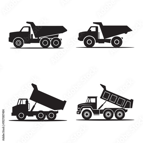 Dump truck silhouette set for construction and mining industry icons