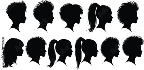 Black silhouettes of people with different hairstyles profile views head silhouettes