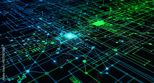Digital circuit board with glowing lines and central processing unit.