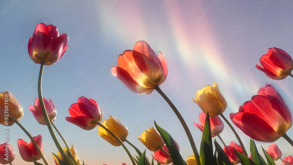 Fototapeta premium Vibrant Spring Field of Colorful Tulips with a Subtle Rainbow Against a Serene Sky, Nature in Full Bloom