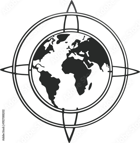 A simplified, monochrome graphic of planet Earth is centered against a stark white background. The image depicts the Earth as a perfect sphere, with continents and landmasses rendered in solid black. 