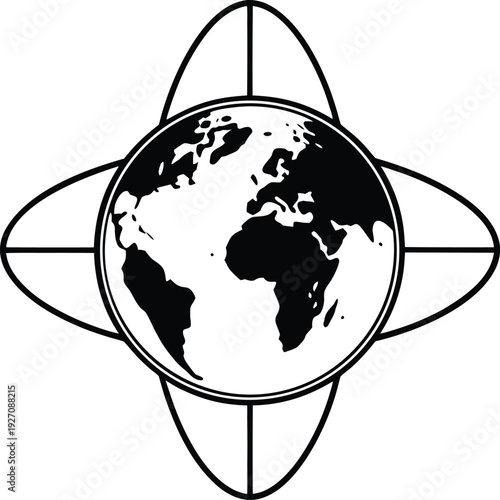 A simplified, monochrome graphic of planet Earth is centered against a stark white background. The image depicts the Earth as a perfect sphere, with continents and landmasses rendered in solid black. 