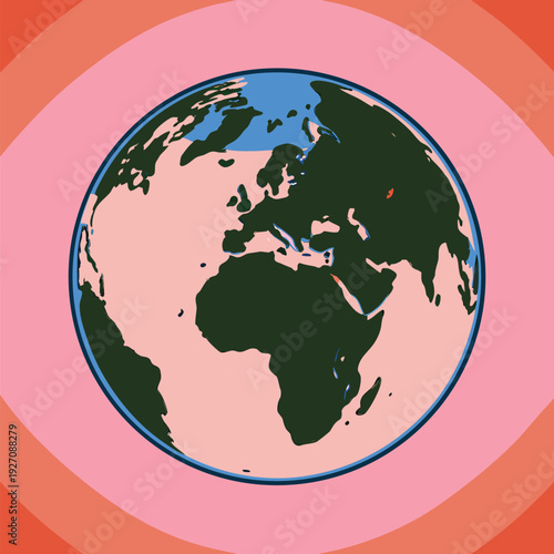 A simplified, monochrome graphic of planet Earth is centered against a stark white background. The image depicts the Earth as a perfect sphere, with continents and landmasses rendered in solid black. 