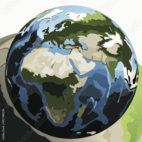 A simplified, monochrome graphic of planet Earth is centered against a stark white background. The image depicts the Earth as a perfect sphere, with continents and landmasses rendered in solid black. 