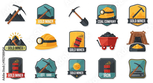 Collection of mining and gold rush themed badges and emblems for design.