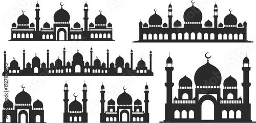 Islamic mosque silhouette vector collection, black religious architecture icons with domes, minarets, crescent moon, cultural design elements for Ramadan, Eid, Islamic art decoration