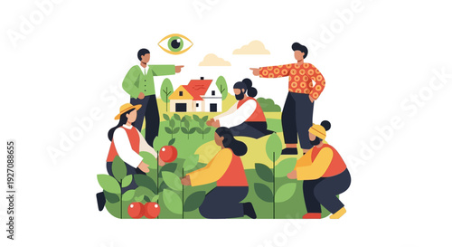 Teamwork, Supervision, and Monitoring in Agriculture. Farm Workers Harvesting Crops Watched by Management and an Eye Symbol.