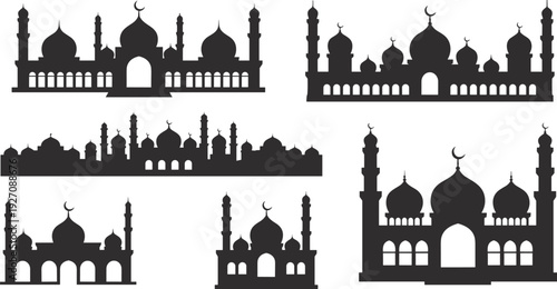 Islamic mosque silhouettes, domes and minarets, crescent moon architecture, cultural religious building icons, black vector illustration set for Islamic art design