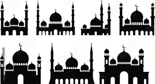 Islamic mosque silhouettes, domes and minarets, crescent moon symbols, cultural architecture, religious worship, black vector illustration, Islamic heritage, spiritual devotion, decorative design
