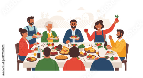 Farm-to-Table Community Dinner. Diverse Group Enjoying Fresh Organic Food Harvest around a Table.