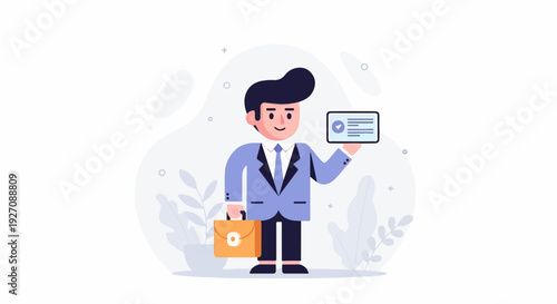Cartoon businessman with briefcase and tablet, showing approved status, green plants background