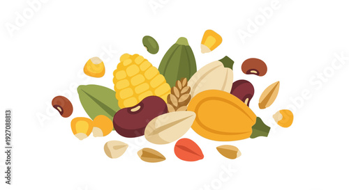 Plant-Based Grains, Legumes, and Seeds Mix Illustration. Whole Foods, Cereals, and Pulses Harvest Concept Isolated on White