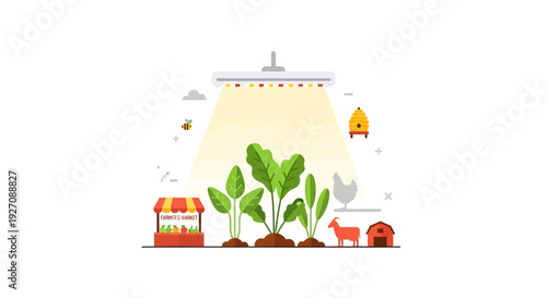 Smart Farming & Sustainable Agriculture Concept: LED Grow Light, Crops, Farmer's Market, and Livestock in a Flat Vector Illustration