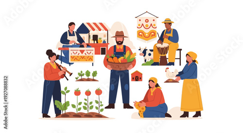 Diverse Farming Community Illustration: People harvesting produce, selling organic food at local market, and enjoying traditional rural life.