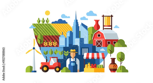 Urban Agriculture and Sustainable Development Illustration. Modern City Skyline, Farm Fields, and Rural Life Vector Graphic.