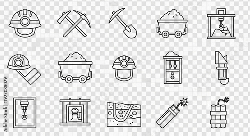 Collection of mining equipment and tools, perfect for industrial themes and projects.