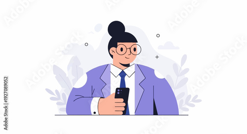 A smiling person in glasses and a suit holds a smartphone, with abstract shapes and leaves in background