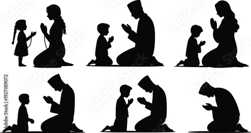 Silhouette illustration of adults and children praying together, family devotion, teaching spirituality, religious practice, generational bonding, worship, faith, prayer beads, tradition