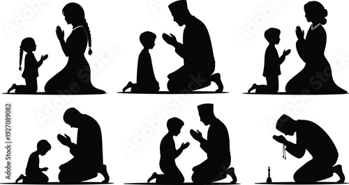 Silhouette illustration of adults and children praying together, spiritual family worship, religious guidance, generational faith practice, devotion, meditation, ritual tradition, spirituality
